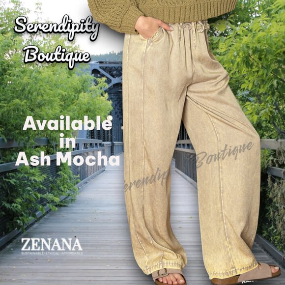 Oversized Loose Fit Wide Leg Mineral Wash Sustainable Tencel Elastic Waist Pants - Picture 8 of 10